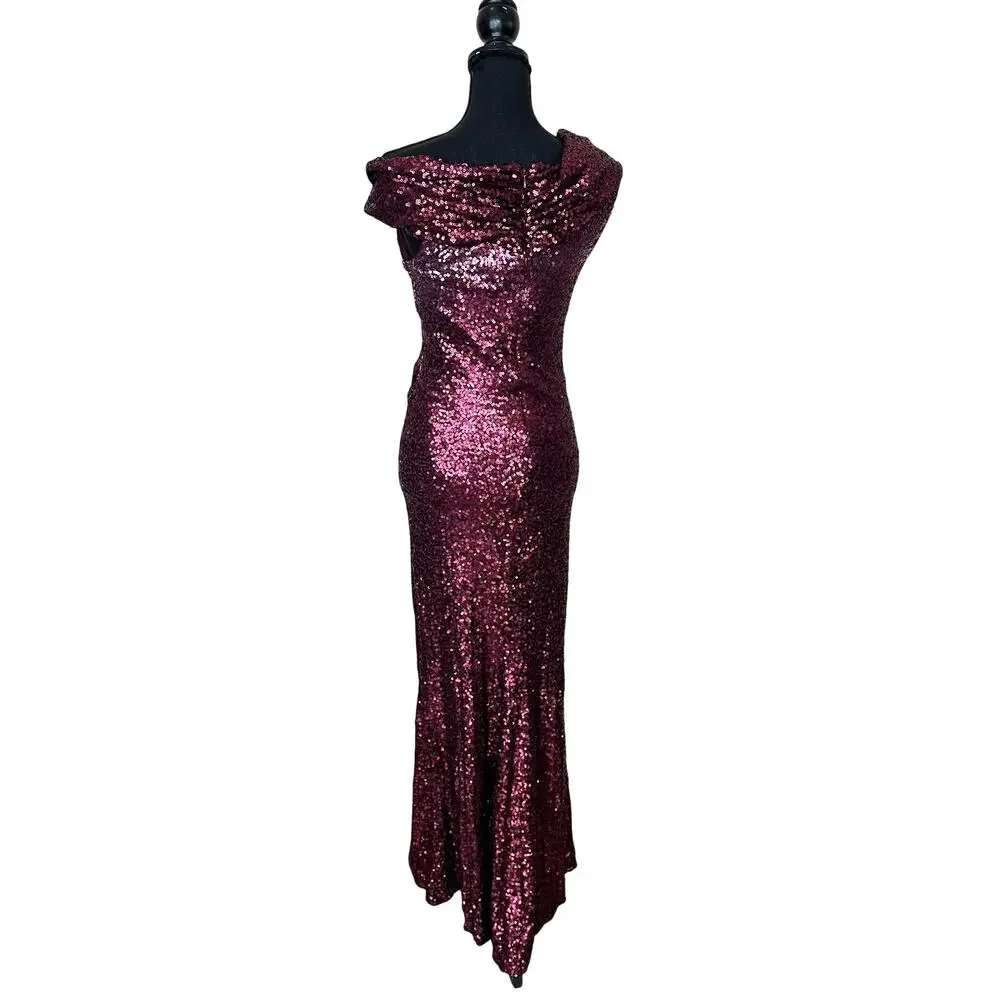 Badgley Mischka Bordeaux Red Sequin Gown Size 22 Off Shoulder Formal Luxury $695 - Picture 12 of 14